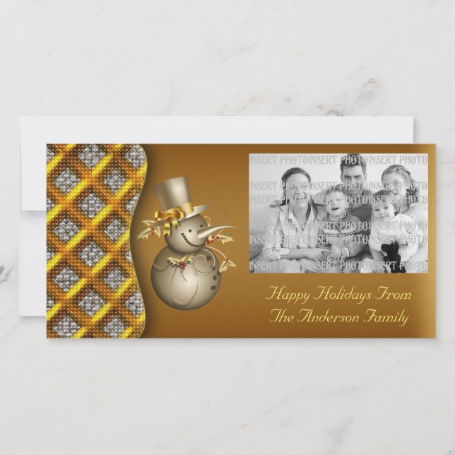 Cartões de foto de Natal Dourado Snowmen (Frente)