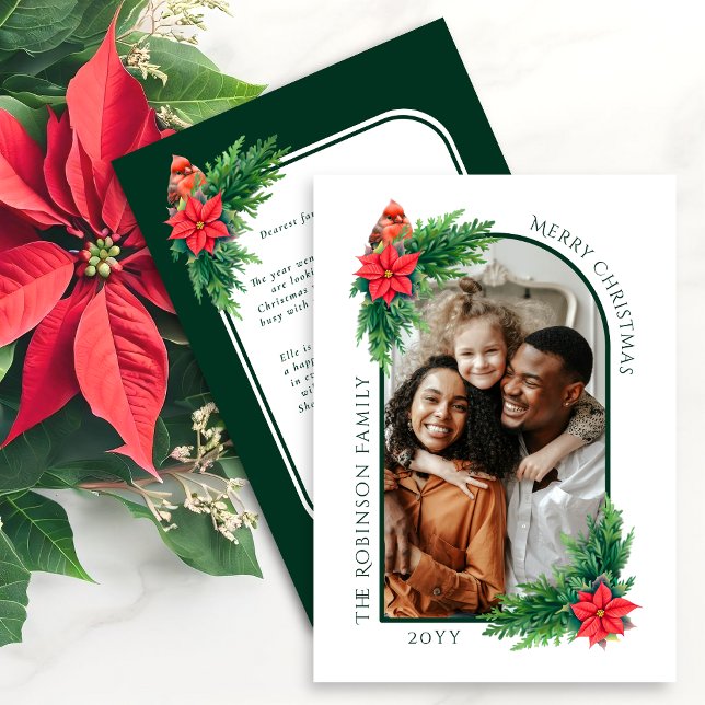 Cartões de foto de Natal Elegante com Mensagem no  (Elegant Christmas holiday photo card front and back view, with red cardinal and poinsettia.)