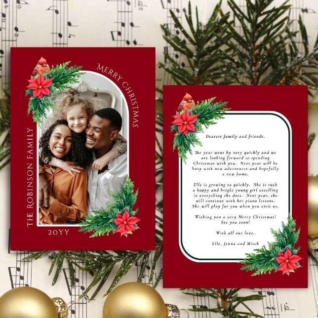 Cartões de foto de Natal Elegante com Mensagem no  (Cheerful Arch, Cardinal and Holiday Greenery holiday photo card with message on back)