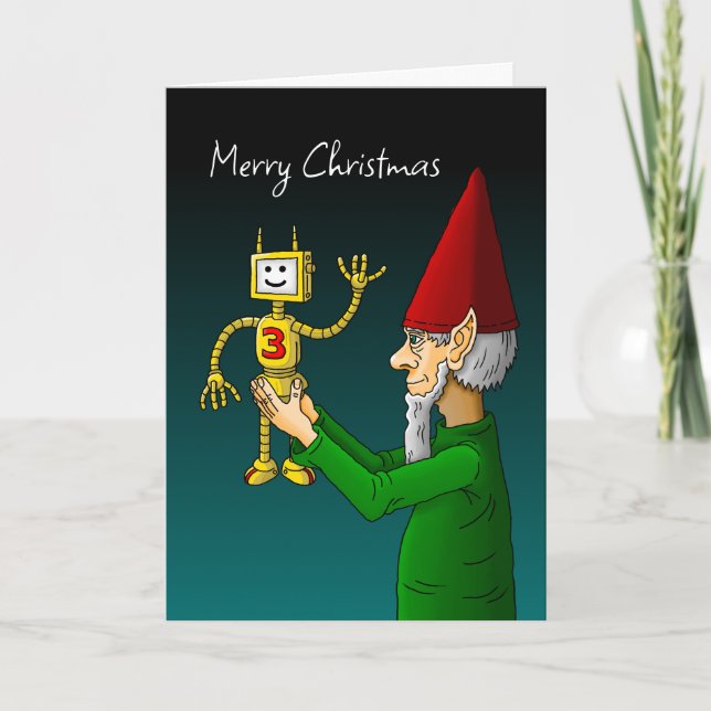 Cartões de foto de Natal Elf e Robot (Frente)