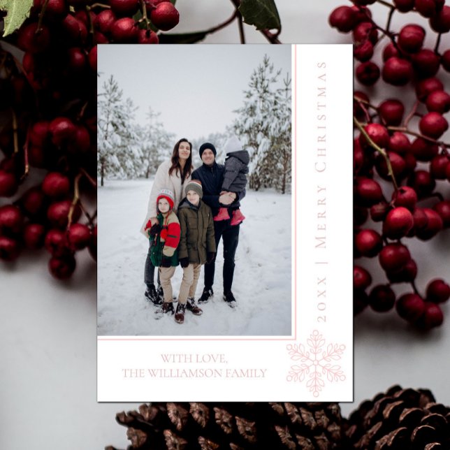 Cartões de foto de Natal Moderno Snowflake | Rosa (Pink Modern Snowflake Christmas Photo Card)