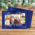Cartões de foto de Natal Religioso, Azul Marinho D<br><div class="desc">Este cartão de Natal apresenta espaço para 5 fotos favoritas e letras noturnas silenciosas num fundo azul-marinho do céu com estrelas douradas e sotaques. Pegue "ohs and aahs" da família e amigos nesta época de Natal quando enviar uma saudação única e moderna de DoodleLulu por 2 insetos de junho! Entre...</div>