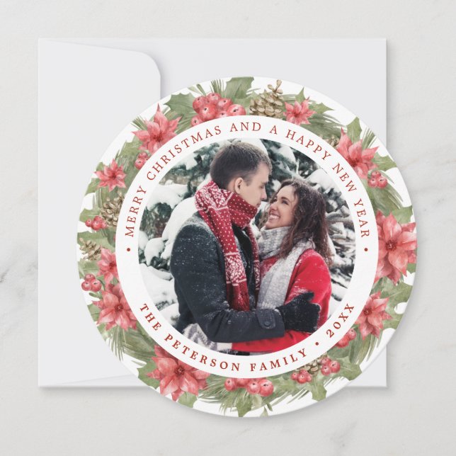 Cartões de foto de Natal Round Poinsettia Wreath (Frente)