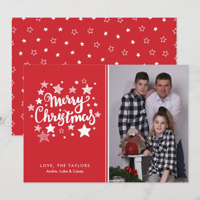 Cartões de foto de Natal vermelho e branco estrela (Frente/Verso)