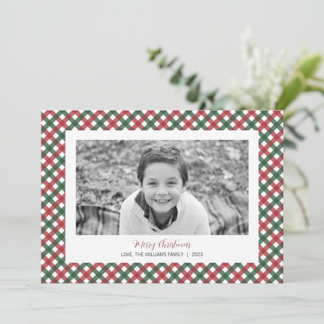 Cartões de foto de Natal Vermelho e Xadrez Verde (Em pé/Frente)