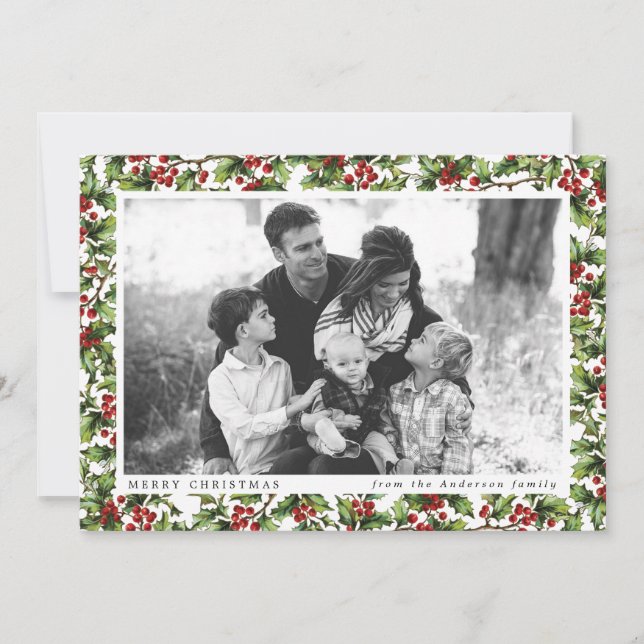 Cartões de foto de Natal Vintage Holly Frame (Frente)