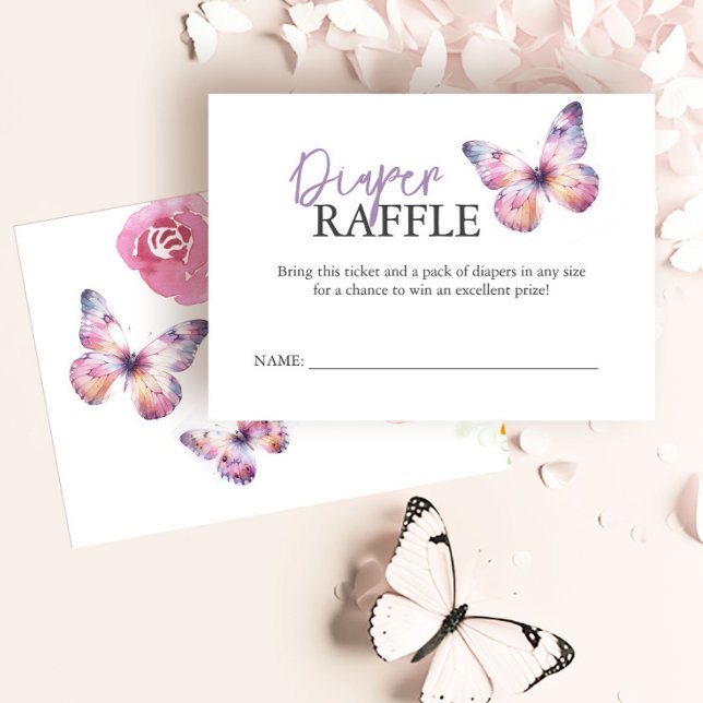Cartões de Gabinete Babyshower Fralda Borboleta Ra (Diaper raffle cards purple and pink watercolor butterflies floral art by Victoria Grigaliunas)