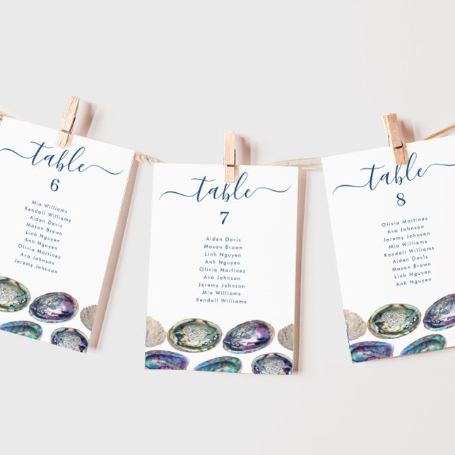 Cartões de Gráfico de Mesa de Casamento de Shell A (These Abalone Shell beach wedding seating chart cards are double sided and can be downloaded)