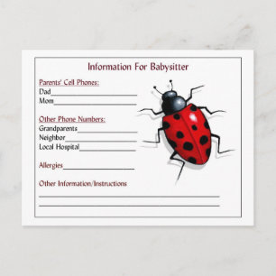 Cartões de Informação para Babysitter: Ladybug, As