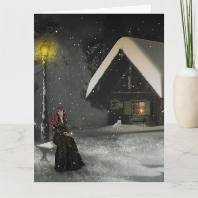 CARTÕES DE INVERNO DE CABANA NA NEVE MENINA PENSAN (Frente)