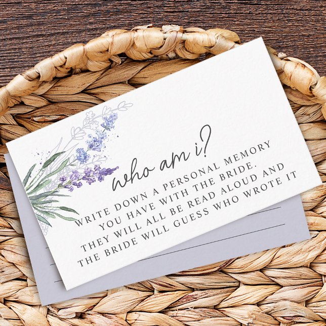 Cartões de Jogo Quem Sou Eu Lavanda para Chá de No (Lavender Who Am I Bridal Shower Game Cards)