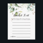 Cartões de lista de Baldes verdes Dourados elegant<br><div class="desc">Estas elegantes cartas de balde verde-ouro são a atividade perfeita para uma recepção de casamento ou chá de panela moderna. A design apresenta ouro desenhado à mão e folhas de eucalipto verdes botânicas,  inspirando beleza artística. O sinal da Lista de baldes é vendido separadamente.</div>