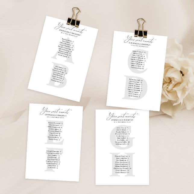 Cartões de Lista de Convidados para Casamento Alfa (Convenient and organized wedding seating chart with alphabetical name arrangement.)
