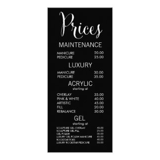 Cartões de Lista de Preços do Menu Salão Preto e B