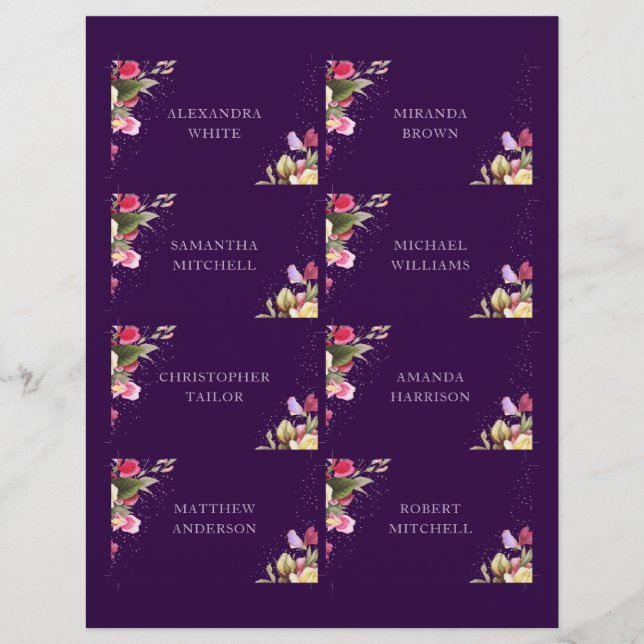 Cartões de Local com Nome Floral Elegante Roxo Esc (Frente)