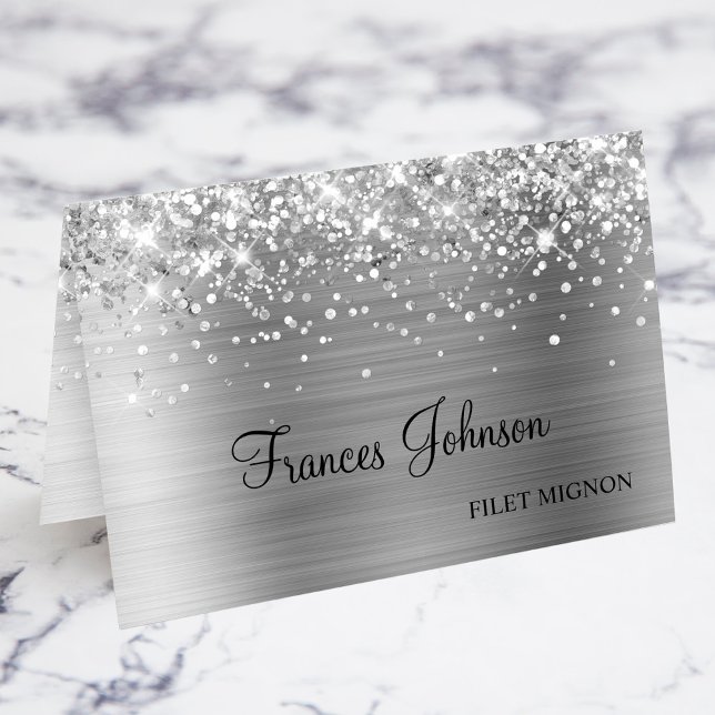 Cartões de Local com o Nome da Escolha da Refeição (Glittery Silver Meal Choice Name Place Cards)