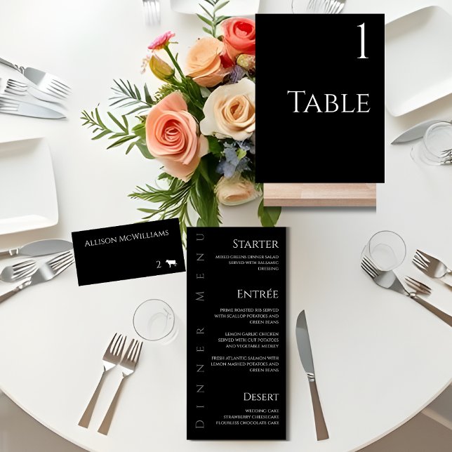 Cartões de Local de Casamento — Preto e Branco (Minimalist Modern Black and White Wedding-Place cards-Table sign, Dinner Menu)