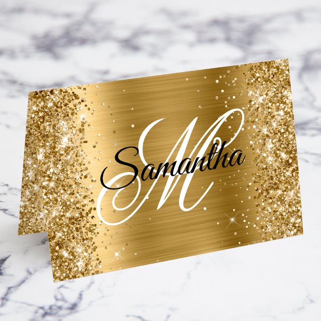 Cartões de Localização do Monograma do Rico Dourad (Glittery Gold Fancy Personalized Monogram Individual Place Card for your Wedding Event)