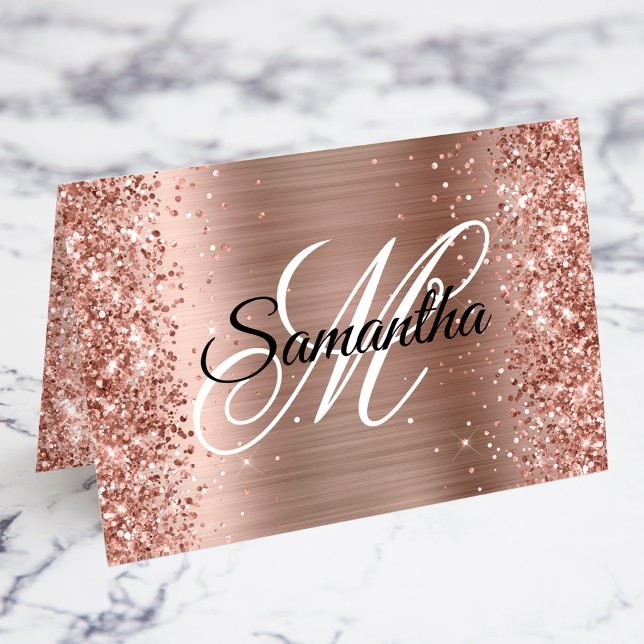 Cartões de localização do Rico Dourado Rosa brilha (Fold your own individual place cards with a girly glam personalized fancy monogram.)