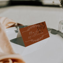 Cartões de lugar de casamento em terracota laranja