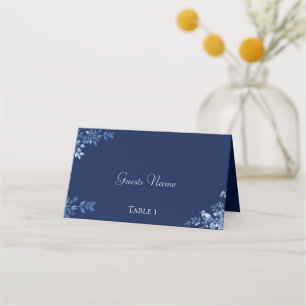 Cartões de lugar de casamento floral azul e branco