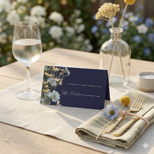 Cartões de lugar de casamento floral moderno azul-