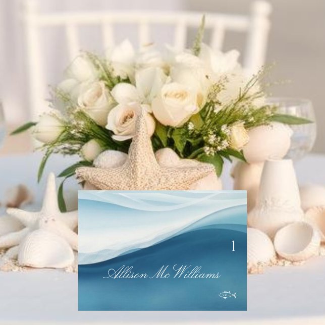 Cartões de Lugar de Casamento Ícone de Peixe - Azu (Wedding Place Cards Fish Icon-Serene Blue )