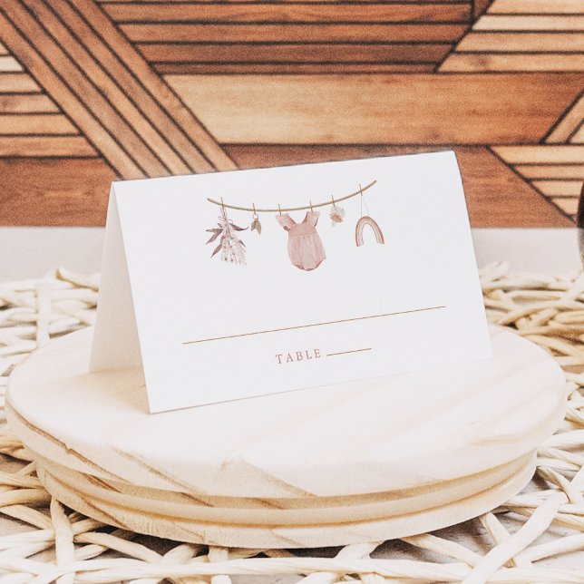 Cartões de lugar de chuveiro de bebê Pink Boho Clo (Boho Blush Clothesline Girl Baby Shower Write-In Place Cards)