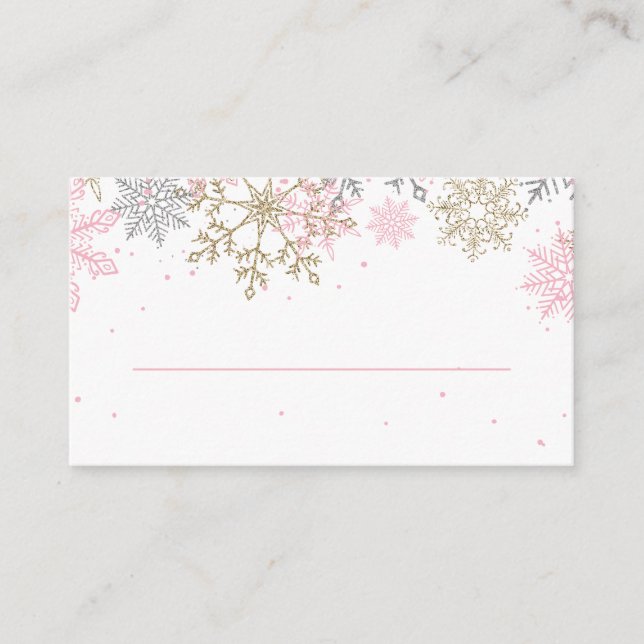 Cartões de lugar de floco de neve com brilho rosa  (Frente)