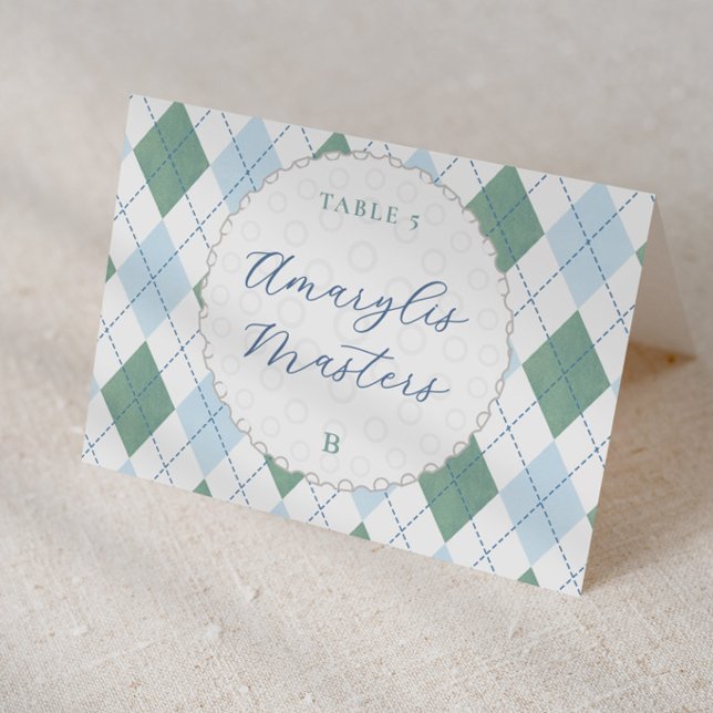 Cartões de Lugar Individuais com Tema de Golfe Mas (Preppy blue and green argyle print golf ball baby shower or birthday personalized place cards )