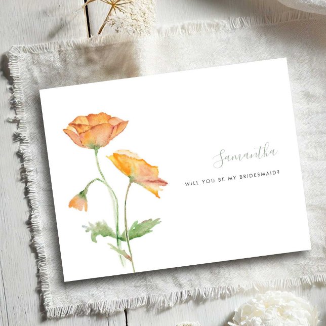 Cartões de Madrinhas de Água-forte com Papoulas La (Bridesmaid proposal cards watercolor orange poppy flowers by Victoria Grigaliunas)