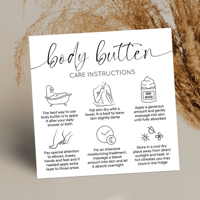 Cartões de Manteiga Pretos Mínimos Elegantes (Minimal body butter application guide cards with care icons and elegant script fonts)