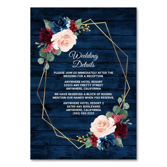 Cartões de marinho Dourados para Casamento Rosa-Ro (Frente)