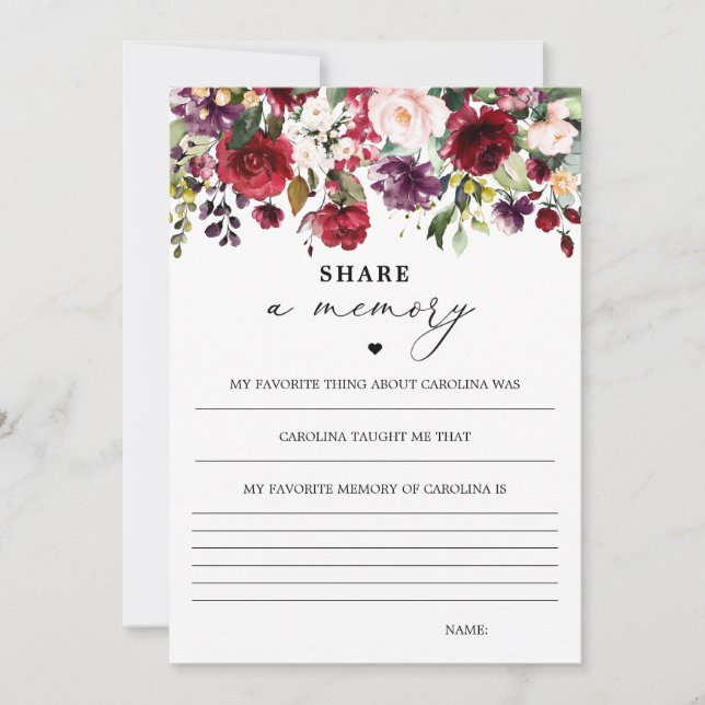 Cartões de Memória Floral Burgundy para Compartilh (Frente)