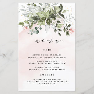 Cartões de Menu Blush Dourado Greenery Dusty Blue