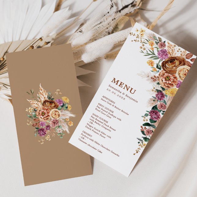 Cartões de Menu Boho Fall Pampas Floral Wedding (Criador carregado)