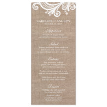 Cartões de Menu Burlap e Lace Weds