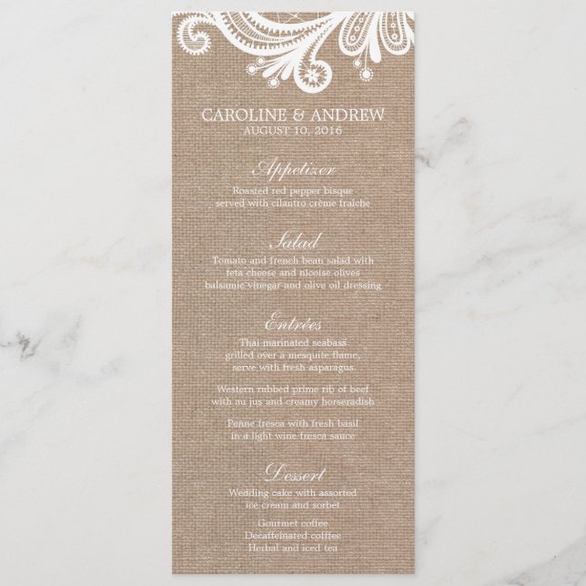 Cartões de Menu Burlap e Lace Weds (Frente)