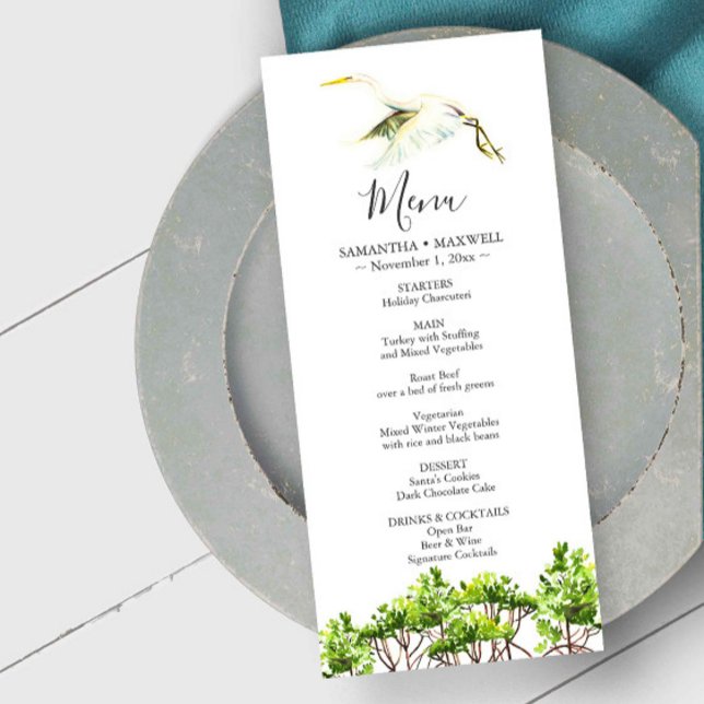 Cartões de Menu Casamento, Aquarela, White Heron (destination weddings Florida menu cards watercolor mangroves and great white heron Do Tell A Belle)