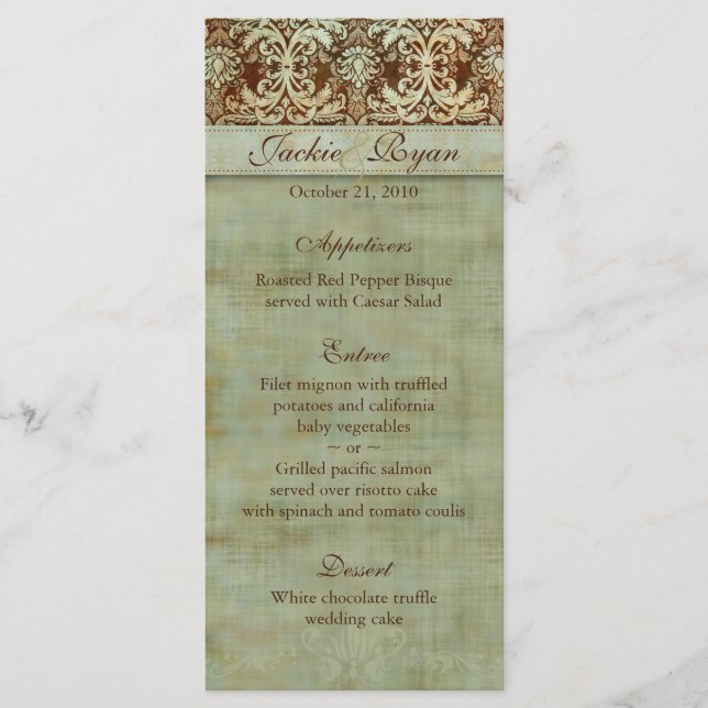 Cartões de Menu Casamento Damask Brown Green Vinta (Frente)