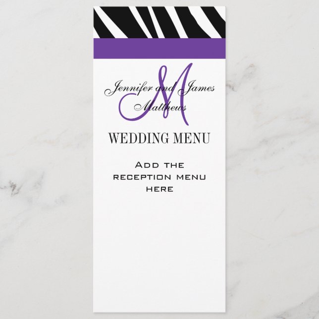 Cartões de Menu Casamento Monograma Zebra Roxo (Frente)