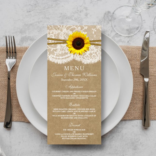 Cartões de menu da coleção Kraft, Lace & Sunflower (Criador carregado)