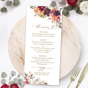 Cartões de Menu de Casamento Abóbora Borgonha para