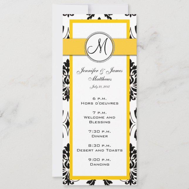 Cartões de Menu de Casamento Amarelo Damasco Preto (Frente)