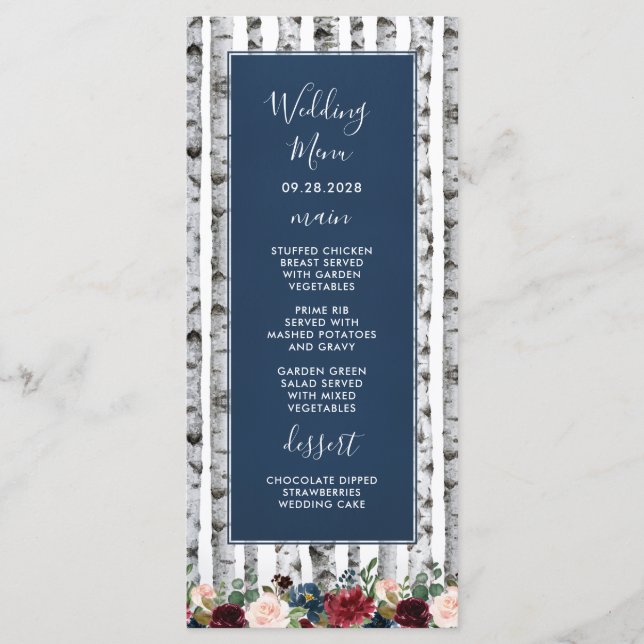 Cartões de Menu de Casamento Árvores de Bétula Azu (Frente)