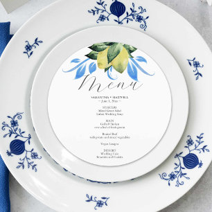 Cartões de menu de casamento Blue and Yellow Lemon