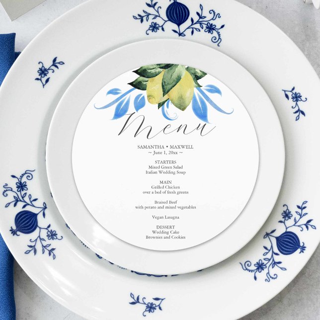 Cartões de menu de casamento Blue and Yellow Lemon (Wedding menu card blue and yellow lemons and botanicals by Victoria Grigaliunas of Do Tell A Belle)