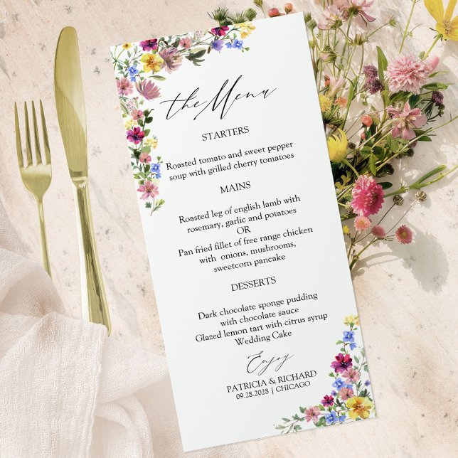 Cartões de Menu de Casamento Boho Wildflower (Criador carregado)