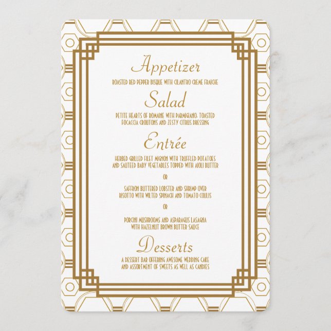Cartões de Menu de Casamento Branco Art Deco (Frente)