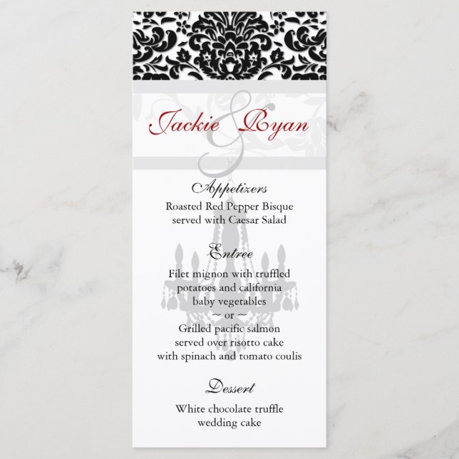 Cartões de menu de casamento Chandelier Black Whit (Frente)